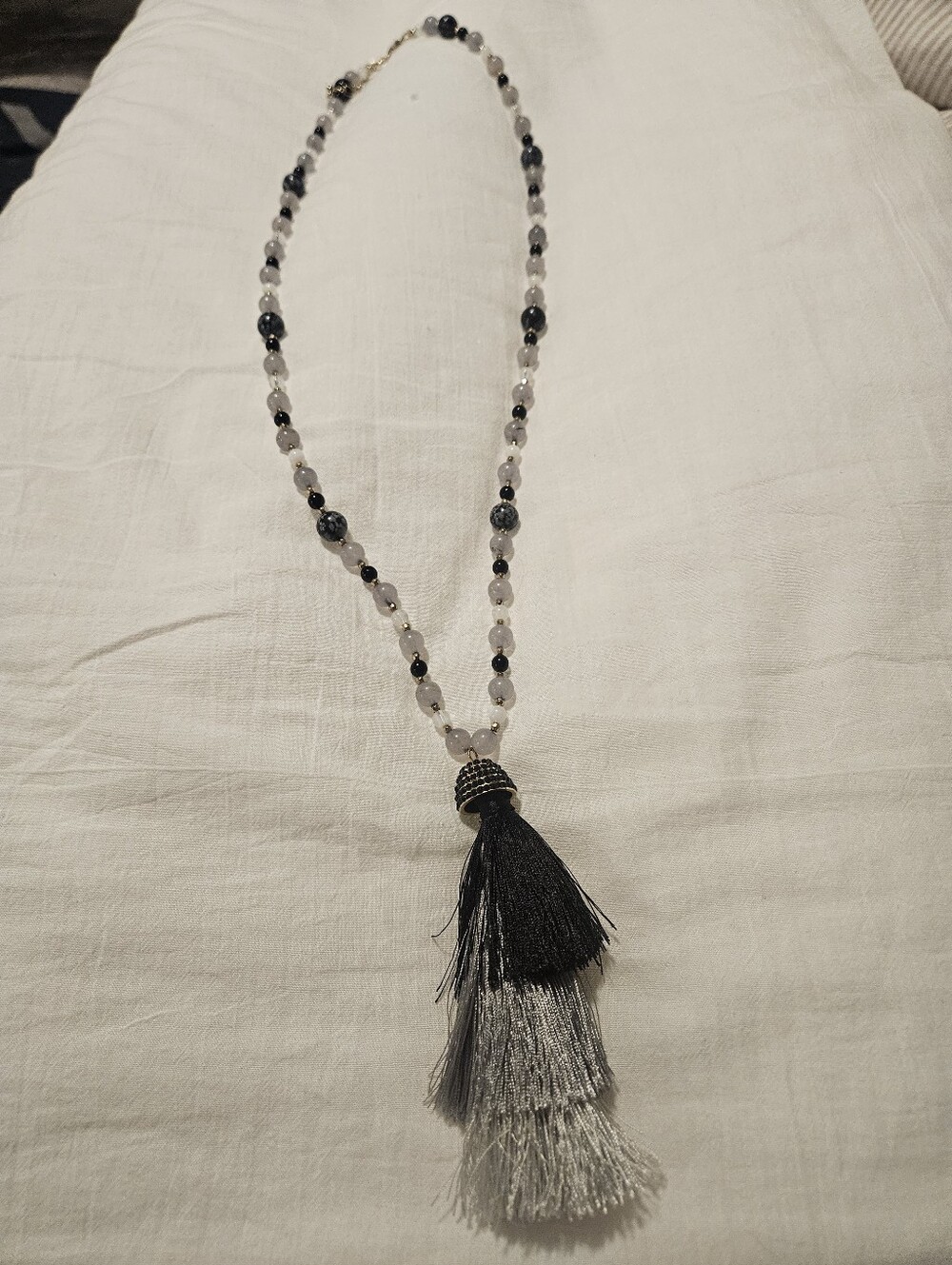 Beaded Tassel Necklace in Black and Silver - Brand: